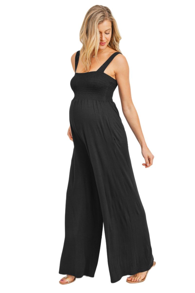 Maternity Sleeveless Smocked Bodice Wide-Leg Jumpsuit with Pockets