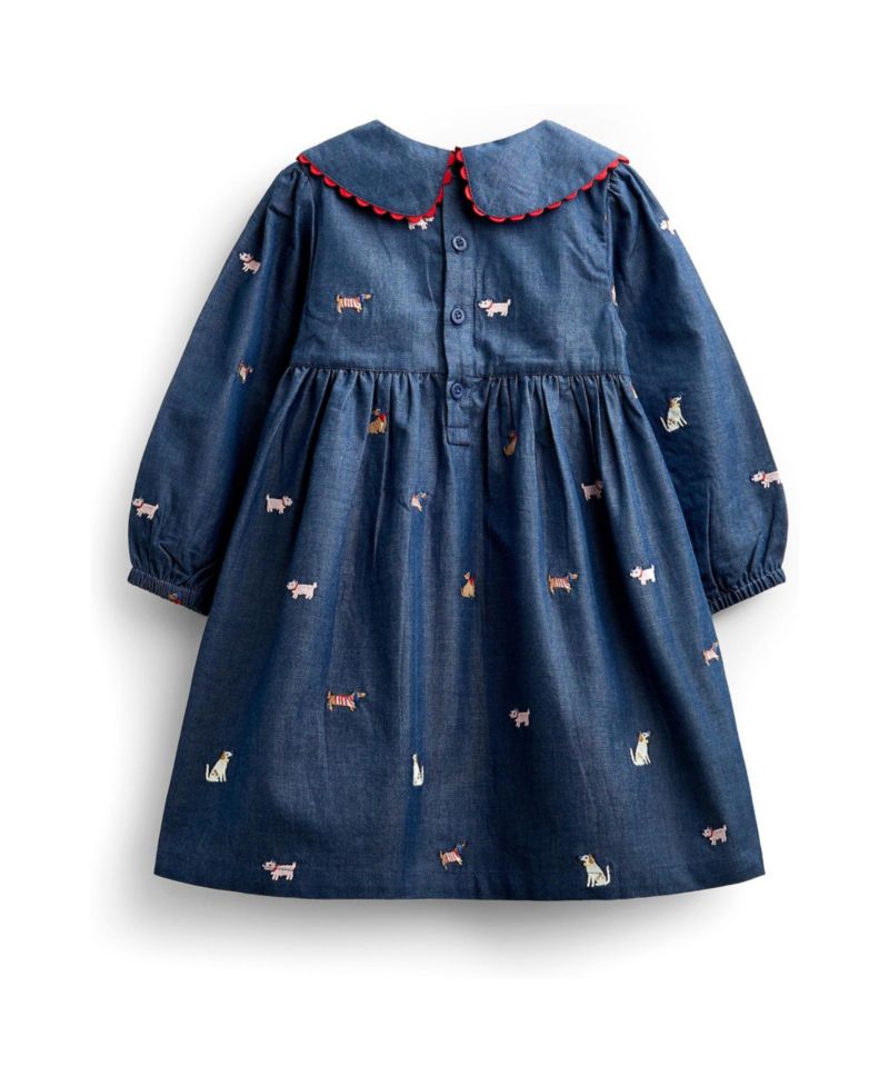 Girls' 4-16 Long-Sleeve Peter Pan Collar Embroidered Chambray Dress