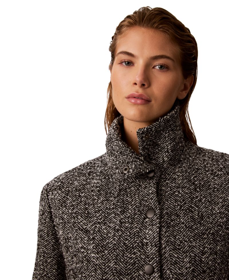 Women's Funnel Neck Herringbone Long Coat