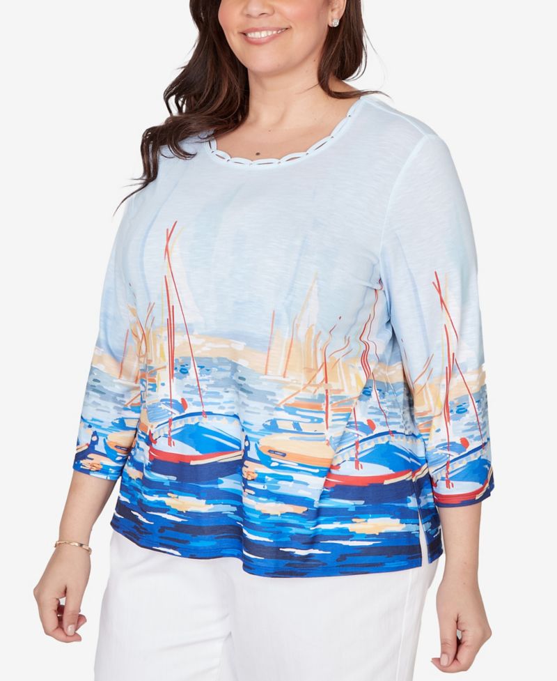 Plus Size Port Side Harbor Scene Printed Top