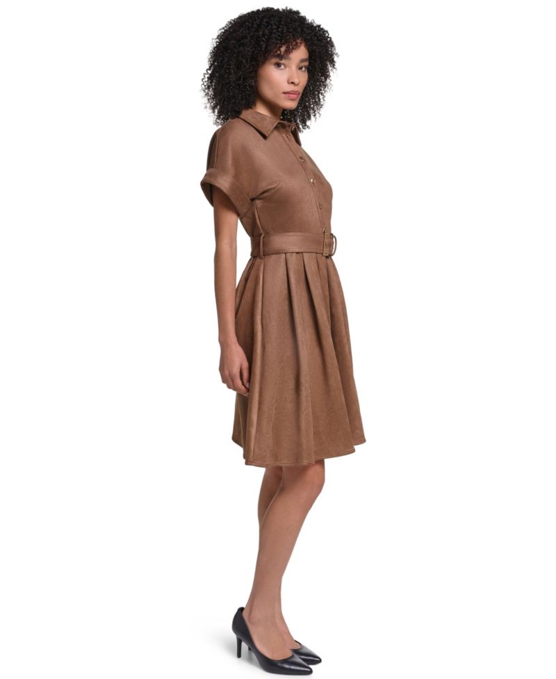 Women's Faux Suede Belted Shirtdress