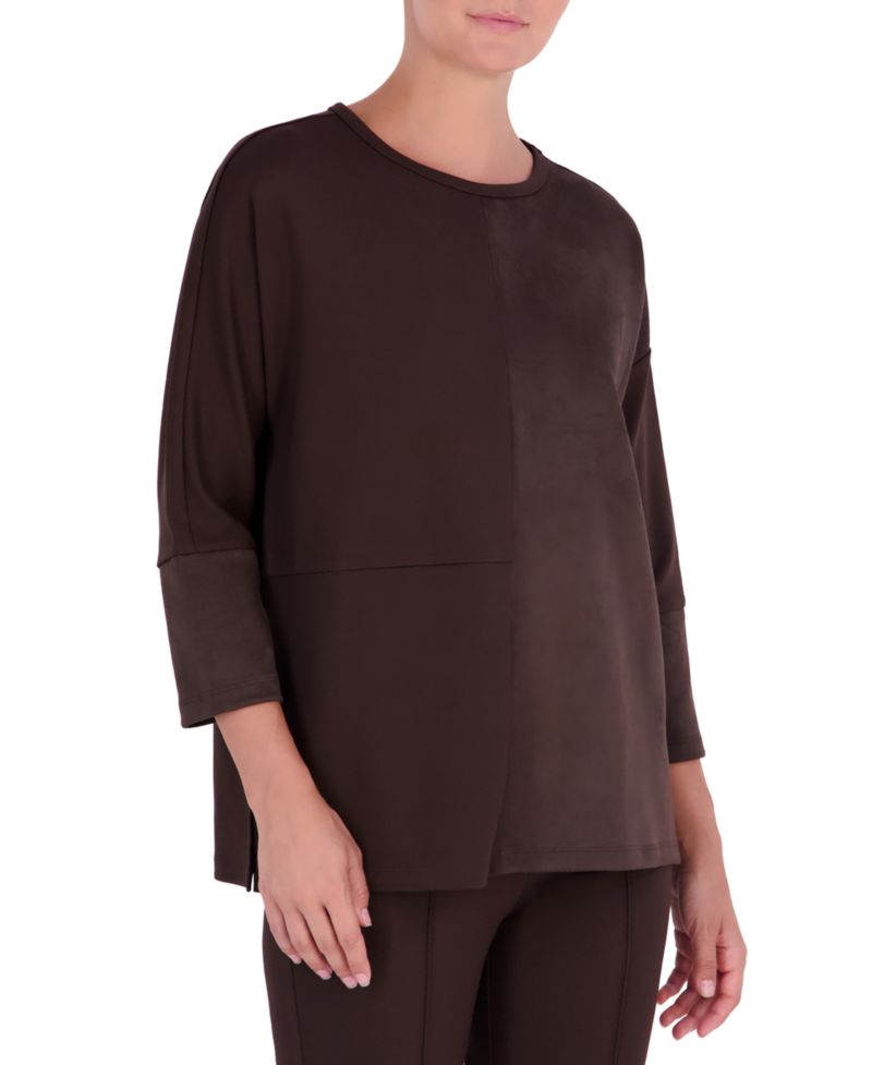 Petite Serenity 3/4-Sleeve Side-Slit Faux Suede Tunic