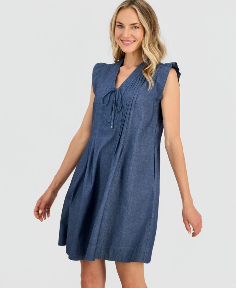 Women's V-Neck Pintuck Shift Dress