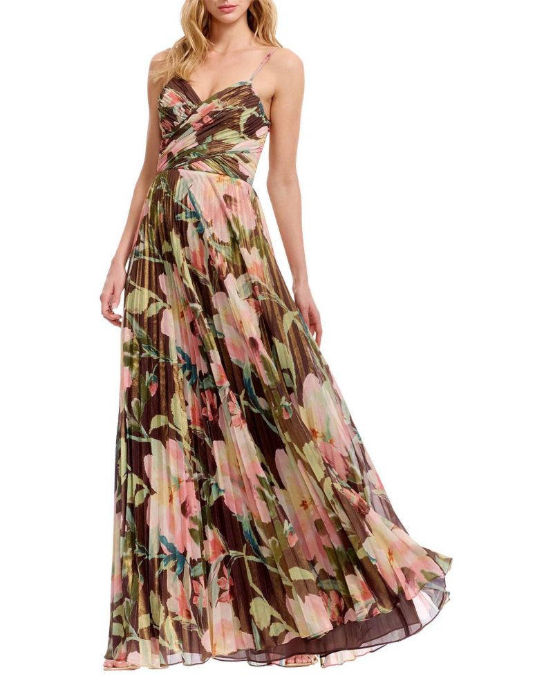 Women's Floral Pleated V-Neck Gown