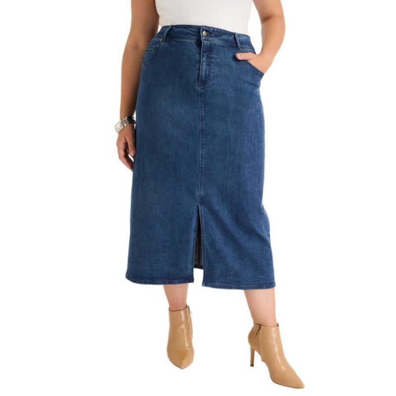 Women's June and Vie Front-Slit Denim Midi Skirt