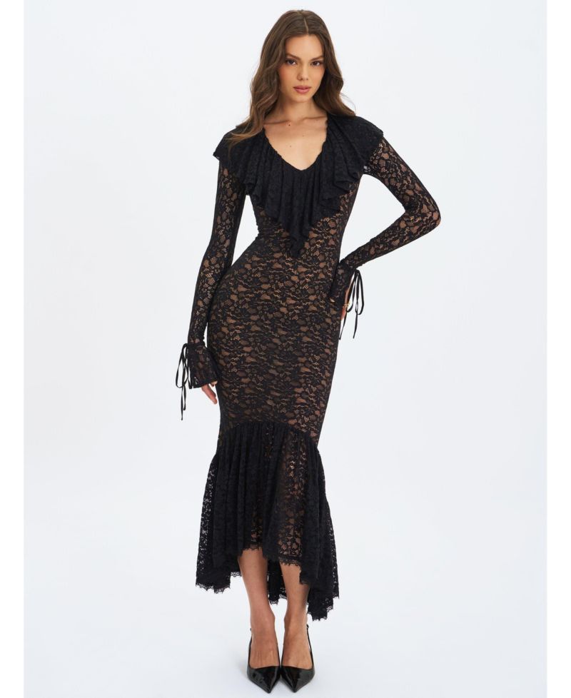 Women's Parisa Black Lace Ruffled Mermaid Maxi Dress