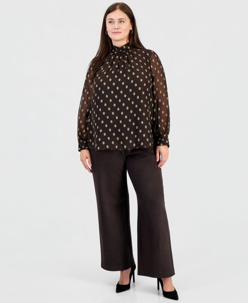 Plus Size Long-Sleeve Shirred-Collar Keyhole-Front Blouse