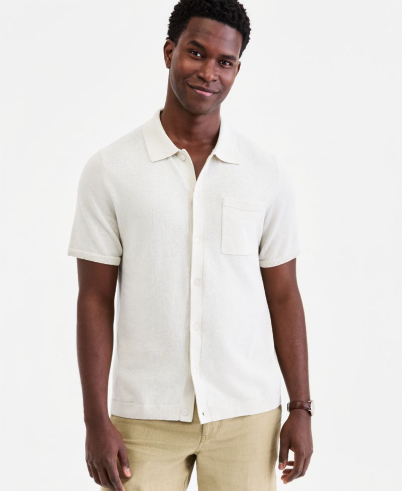 Men's Short-Sleeve Linen and Cotton Button Sweater Polo Shirt