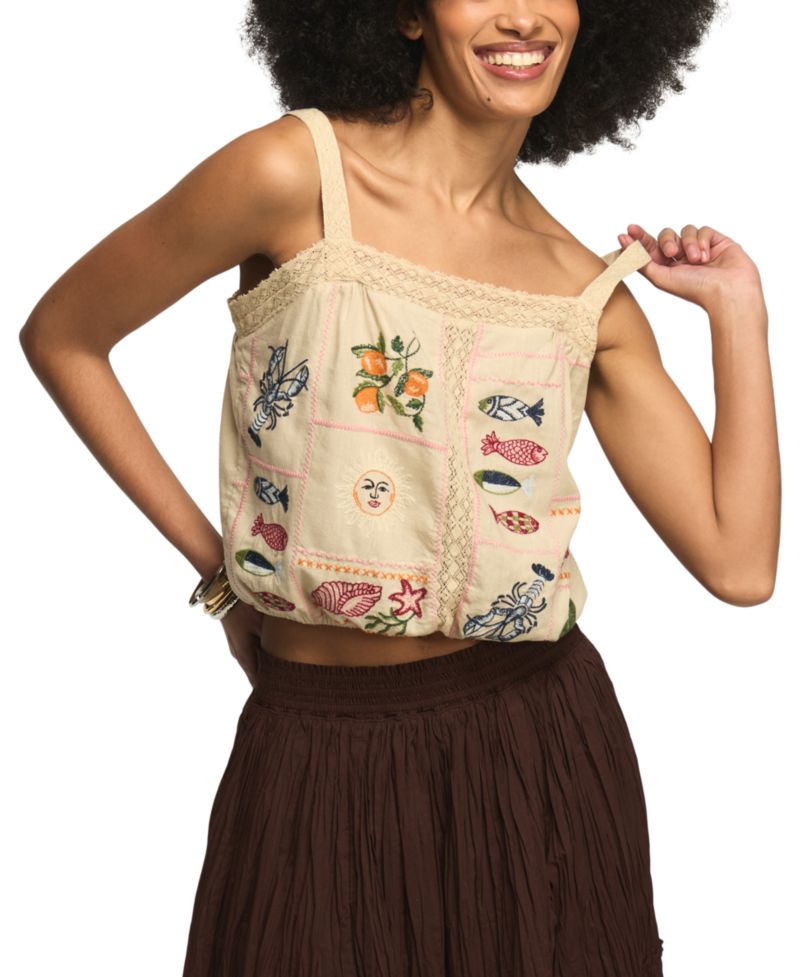 Women's Ocean Embroidered Square Neck Bubble Top