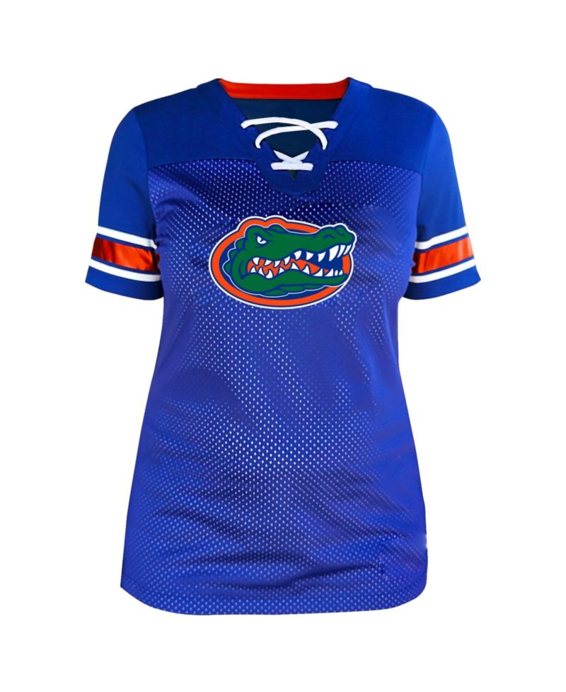 Women's Royal Florida Gators Plus Size Mesh Overlay Lace-Up Jersey T-Shirt