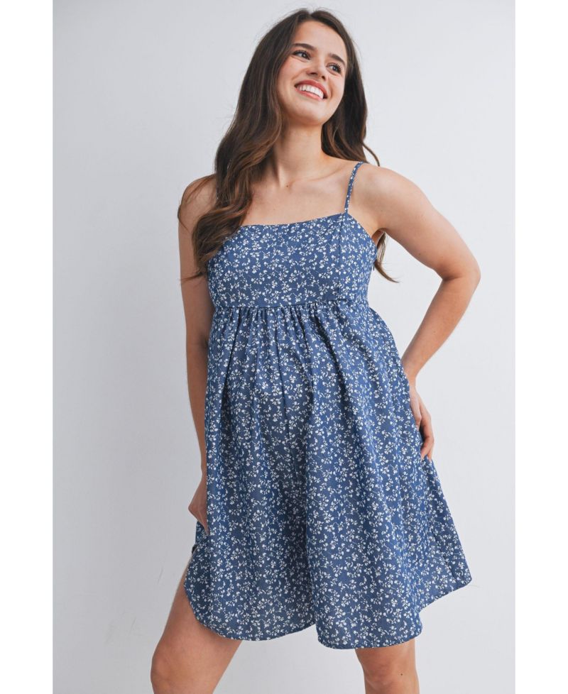 Maternity Floral Square-Neck Adjustable Strap Romper with Pockets