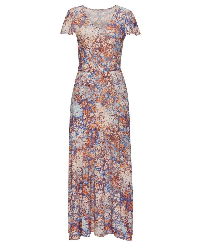 Women's Viscose Floral Print A-Line V-Neck Smocked-Waist Maxi Dress