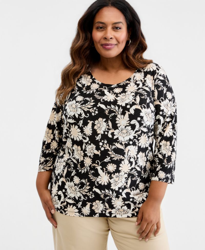 Plus Size Bold Floral Scroll 3/4-Sleeve Jacquard Top