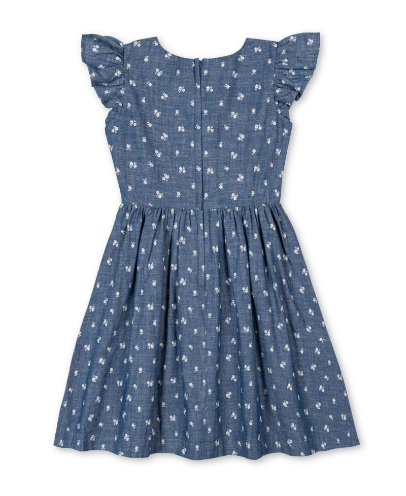 Girls' 4-16 Chambray Smocked-Waist Ruffle-Sleeve Dress
