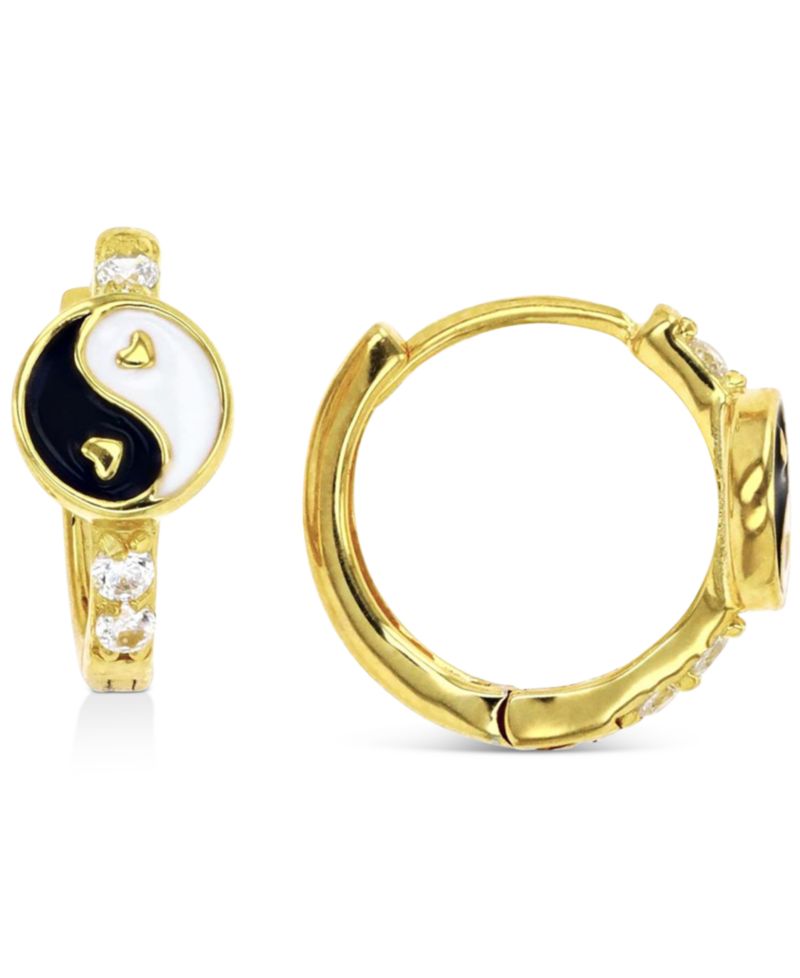 Cubic Zirconia & Enamel Yin Yang Small Hoop Earrings, 0.51"