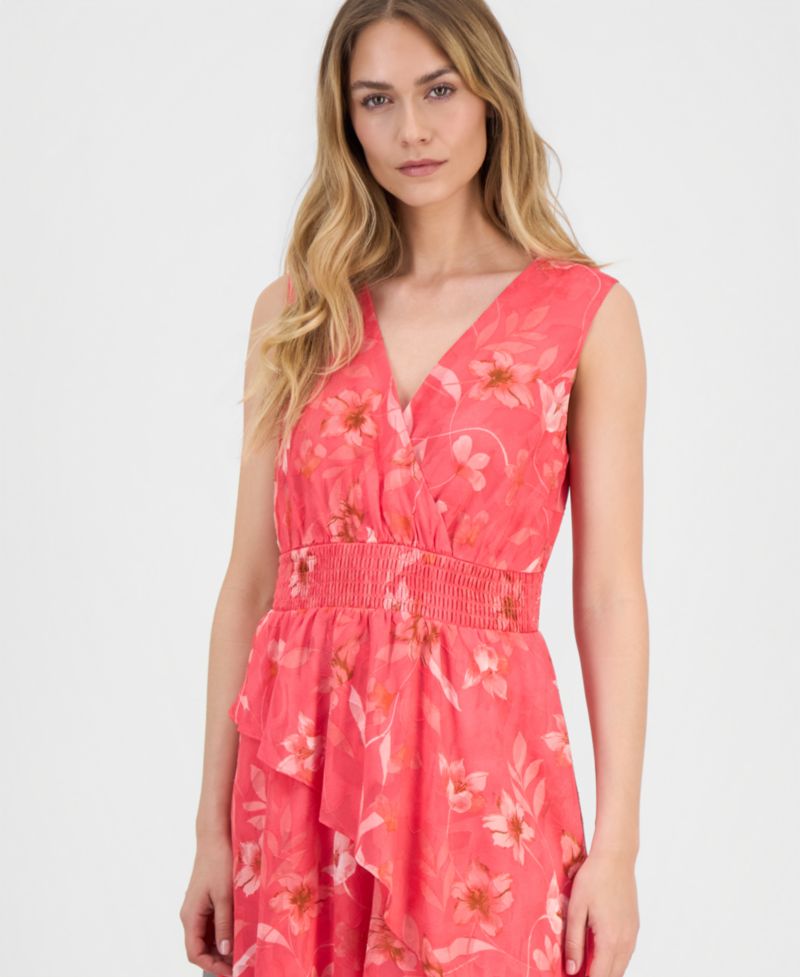 Women's Asymmetric-Tiered Floral Chiffon Midi Dress