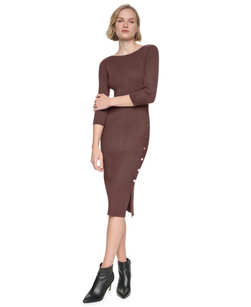 Women's Boat Neck Ribbed-Knit 3/4-Sleeve Dress