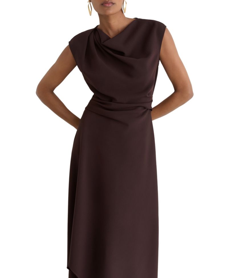 Women's Camilla Cowl Neck Asymmetric Hem Gathered-Detail Midi Dress