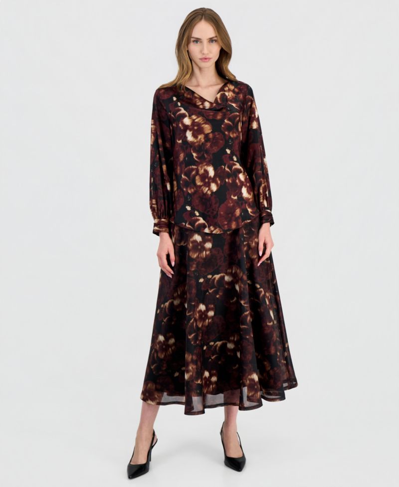 petite Floral-Print Long-Sleeve Drape Neck Blouse
