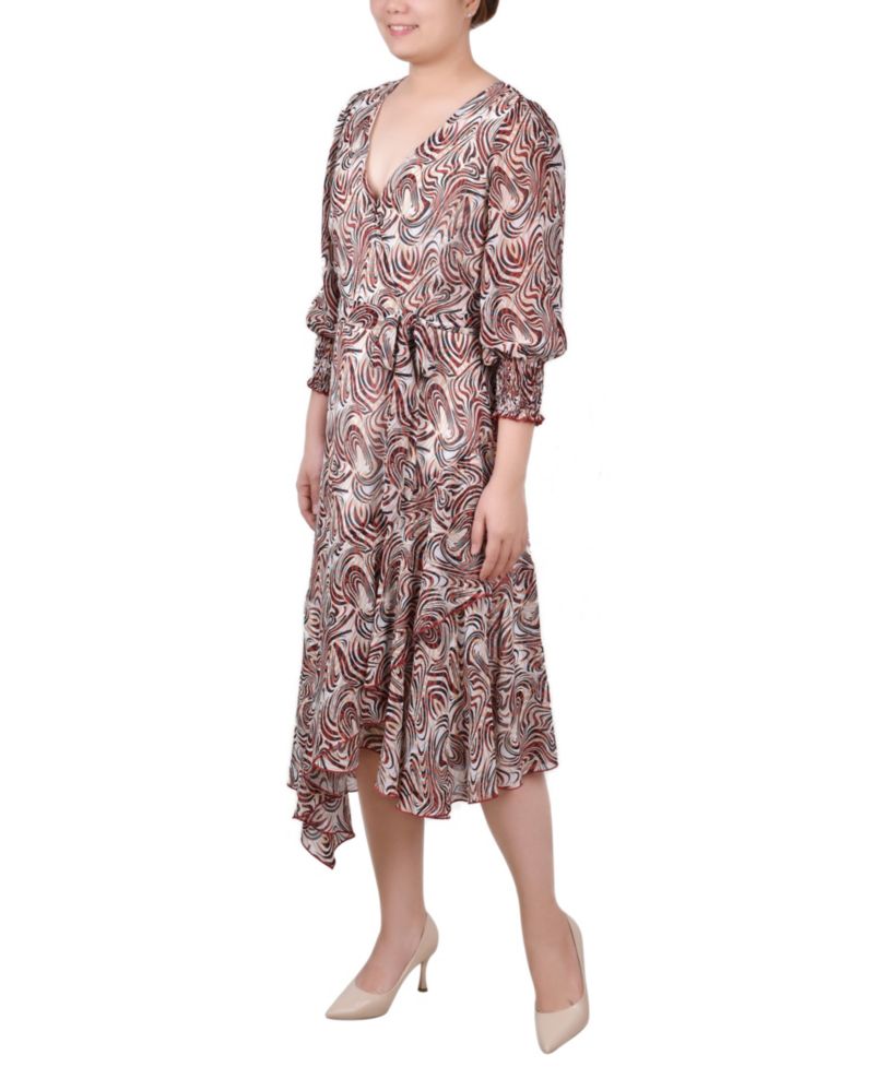 Petite 3/4 Sleeve Belted Chiffon Handkerchief Hem Dress