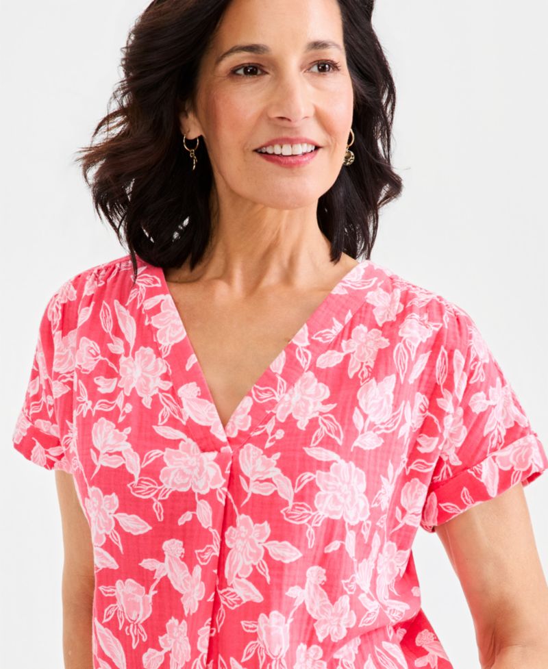 Petite Cotton Gauze V-Neck Short-Sleeve Top