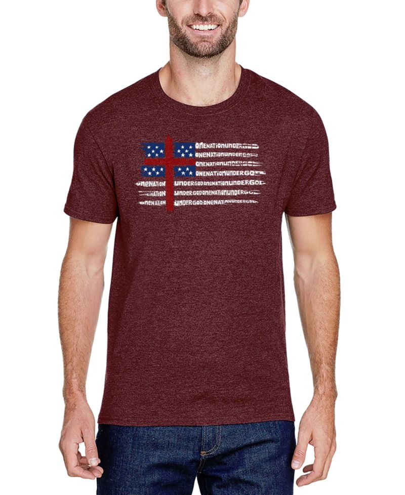 Men's One Nation Under God American Flag Cross Word Art Cotton and Polyester Blend T-Shirt