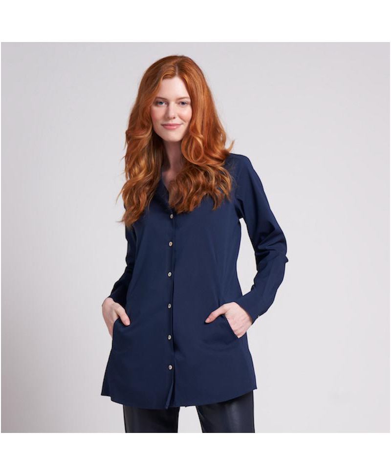 Women's Charlotte Long Button Front Peplum Low Iron Blouse with Popped Collar