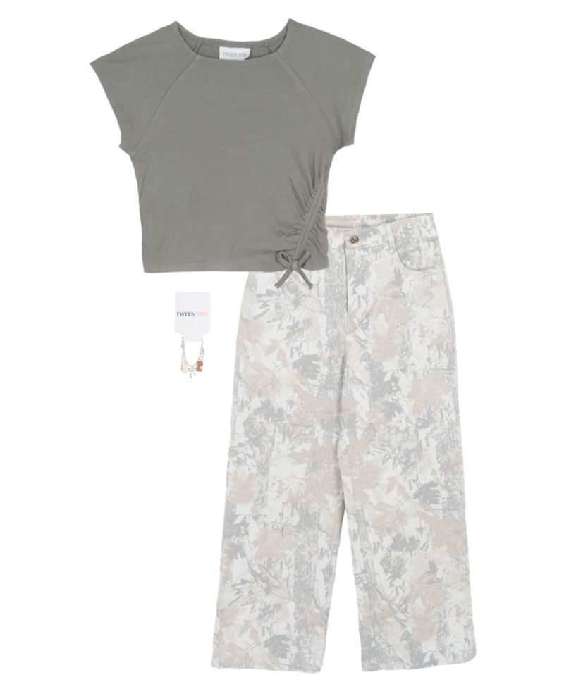 Girls' 7-12 Rib Knit T-Shirt and Printed Twill Pants, 2-Piece Set