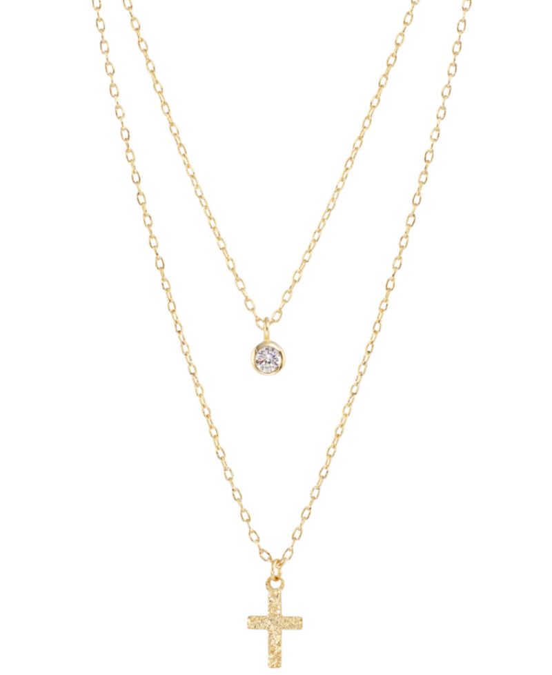 Round Cubic Zirconia & Cross Two Row Pendant Necklace, 18" + 2" extender