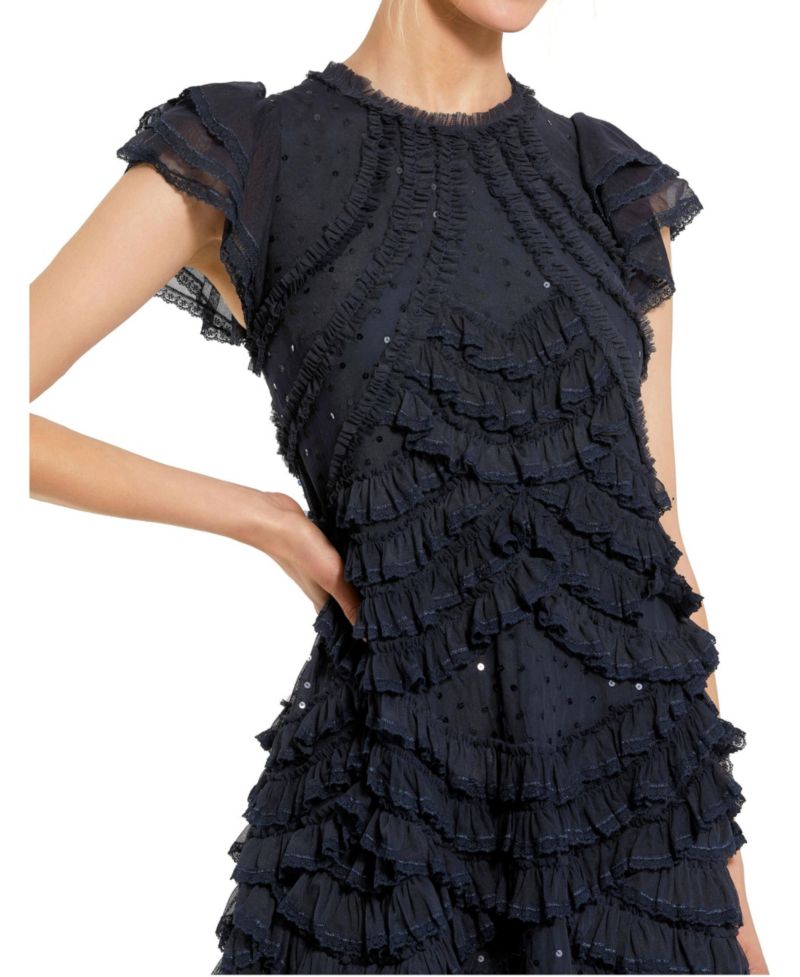 Women's High Neck Ruffle Mesh Midi Dress