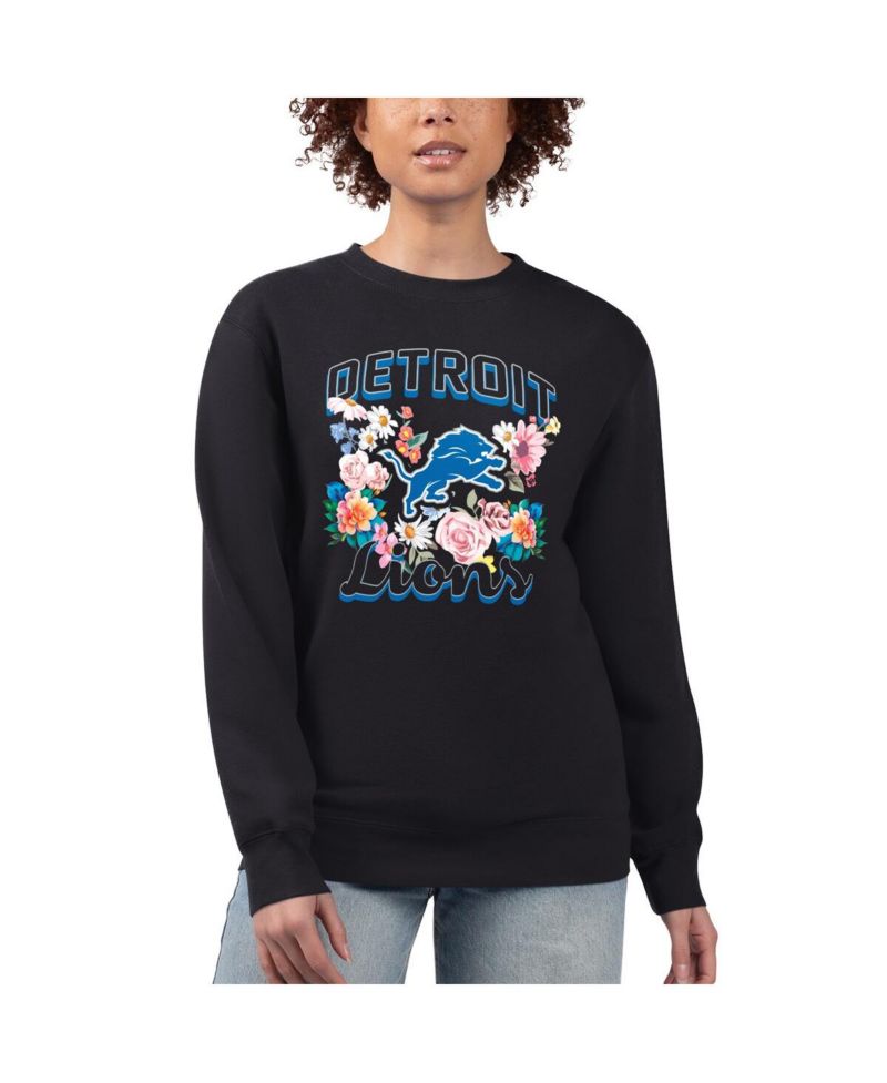 Women's Black Detroit Lions Flower Logo Graphic Fleece Pullover Sweatshirt