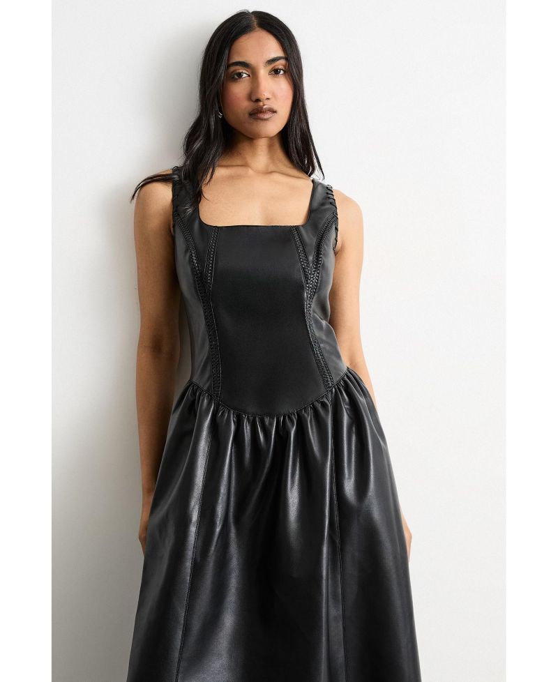 Women's Faux Leather Whipstitch Trim Midi Dress