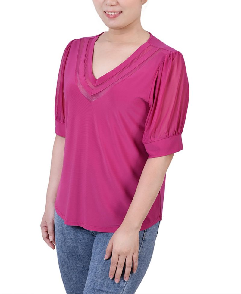 Women's Short Puff Sleeve V-neck Top