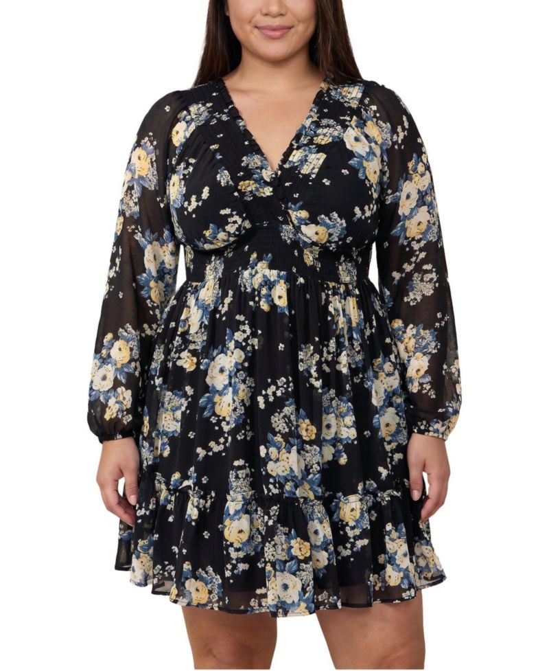 Plus Size Floral-Print V-Neck Long-Sleeve Mini Dress