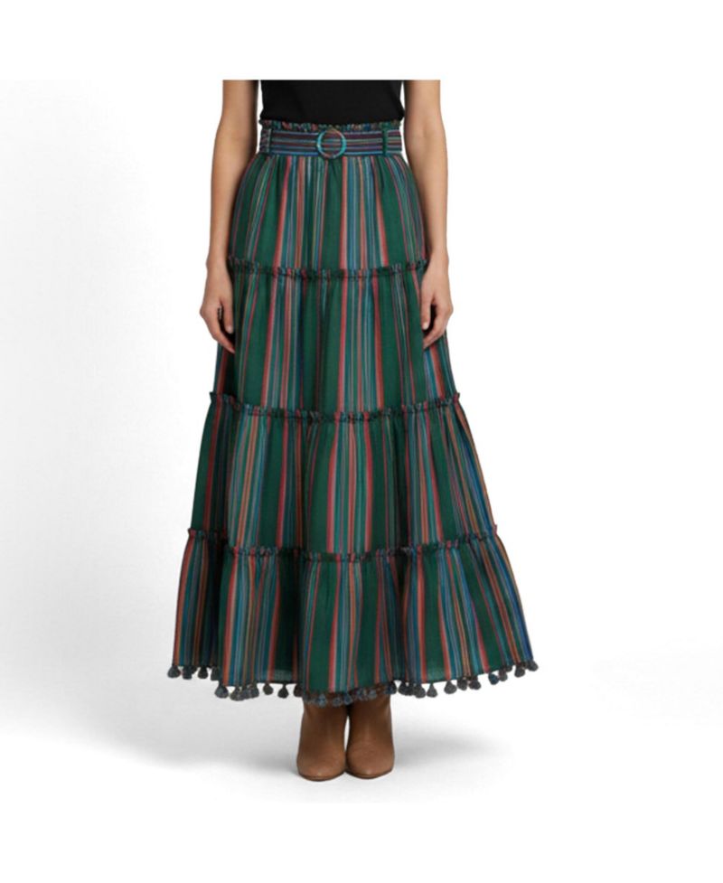 Women's Stripe Cotton Ruffled Maxi Skirt
