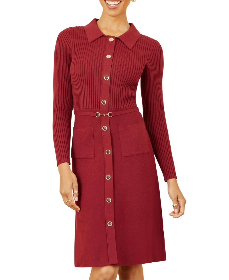 Women's Belted Rib Knit Midi Dress With Pockets