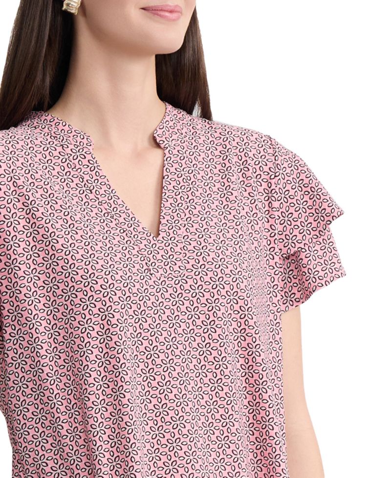 Petite Knit Flutter Sleeve Band Collar Top
