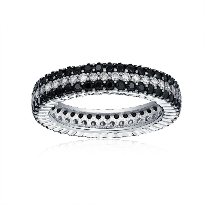 Cubic Zirconia 3 Row Pave Stripe CZ Statement Black and White Eternity Band Ring .925 Sterling Silver