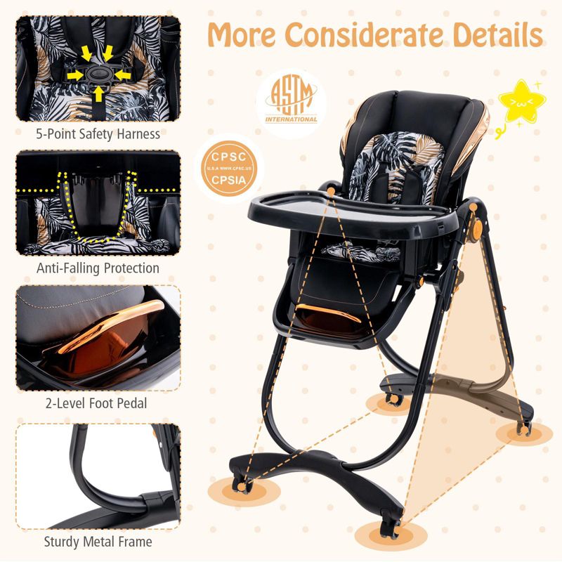 Складной детский стульчик для кормления с регулируемой высотой и откидывающейся спинкой