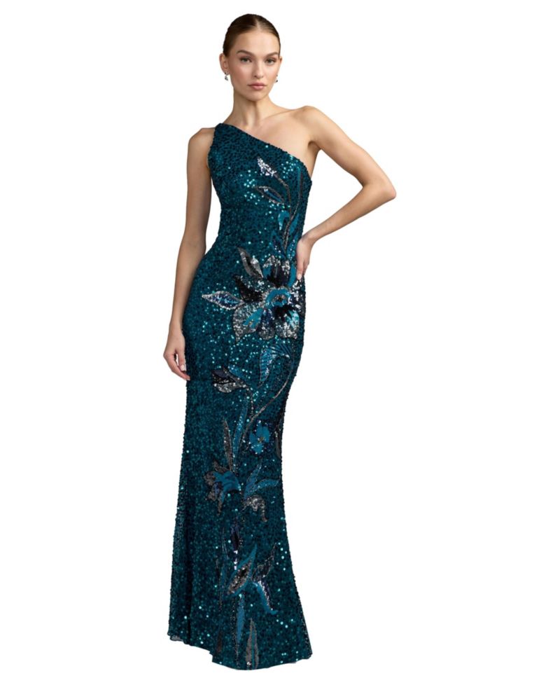 Petite One-Shoulder Floral Sequin Evening Gown