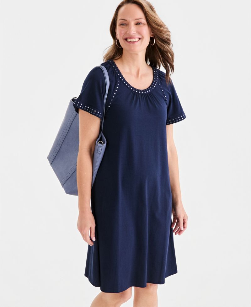 Petite Mirror-Trim Raglan-Sleeve Swing Dress