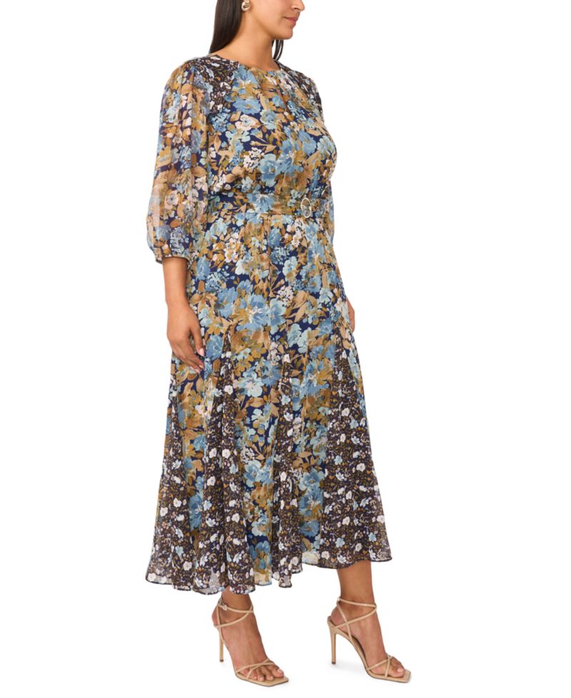 Plus Size Keyhole 3/4-Sleeve Floral-Print Chiffon Maxi Dress
