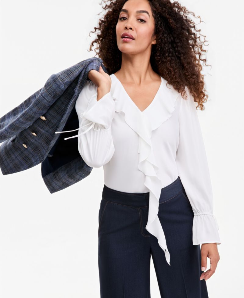 Women's V-Neck Long-Sleeve Ruffle Blouse