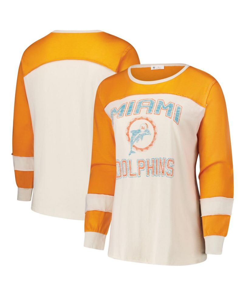 Women's Cream/Orange Miami Dolphins Plus Size Double Header Curve Toni Long Sleeve T-Shirt