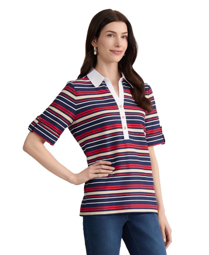 Petite Cuffed Elbow Sleeve Striped Polo