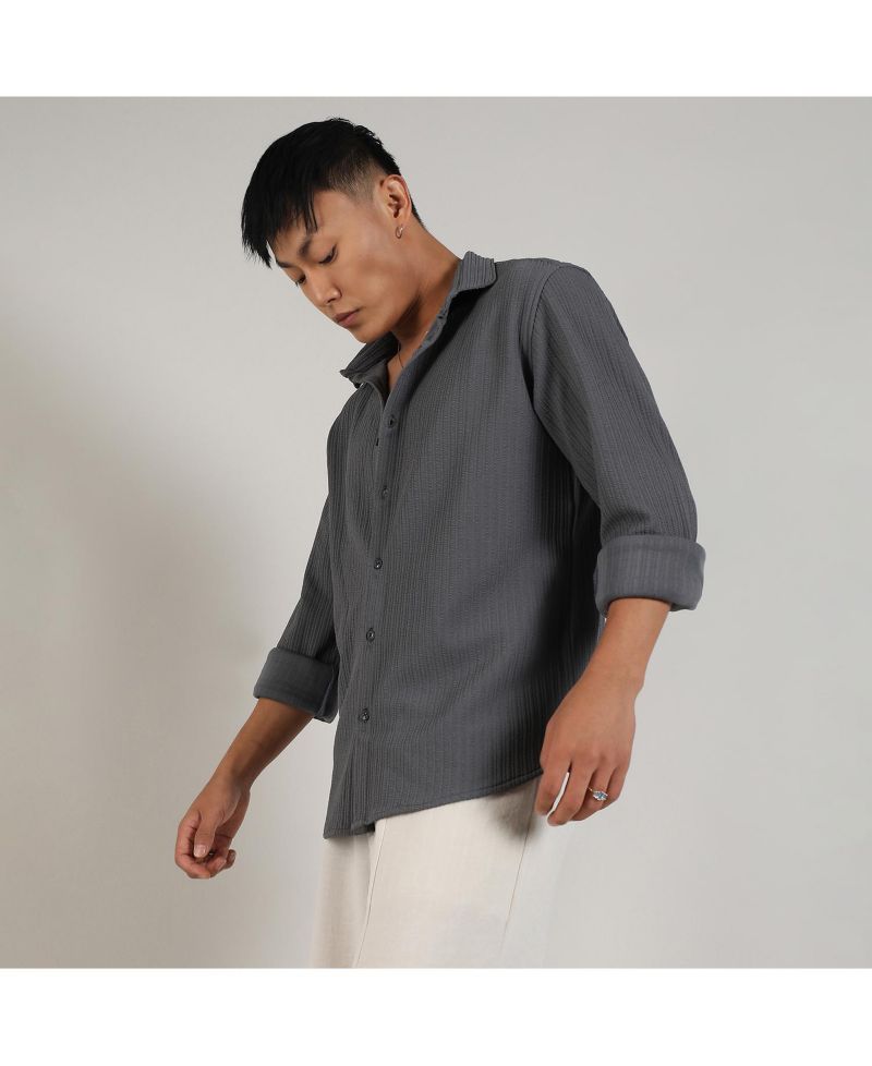Men's Ash Grey Stripe-Creased Shirt