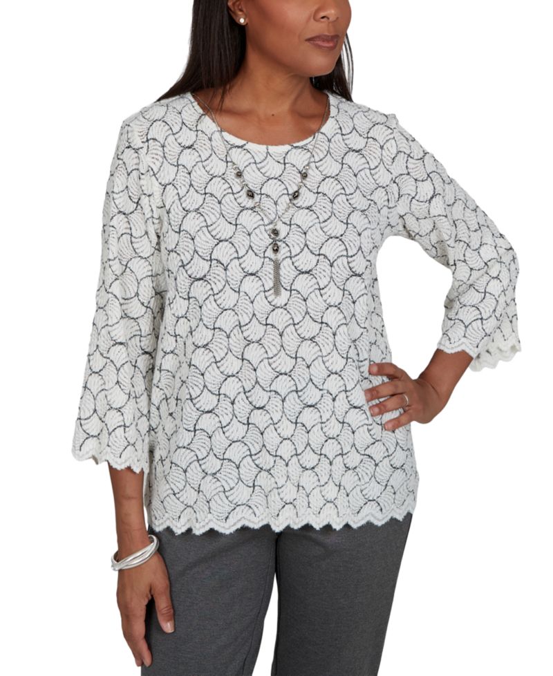 Petite Crewneck 3/4-Sleeve Scalloped-Edge Pullover