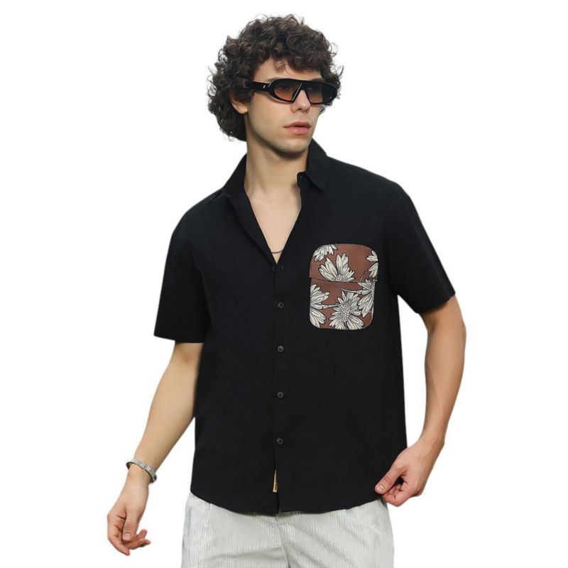 Men's Chocolate Brown & Obsidian Black Flora-Block Shirt
