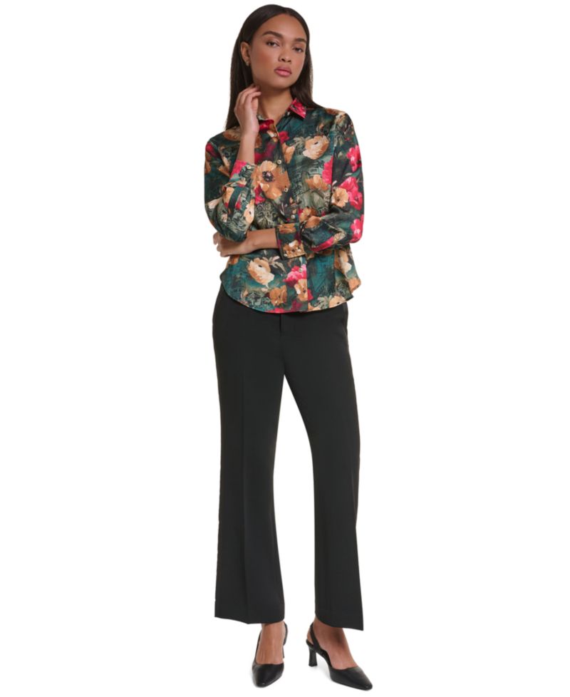 Petite Satin Floral Long-Sleeve Blouse
