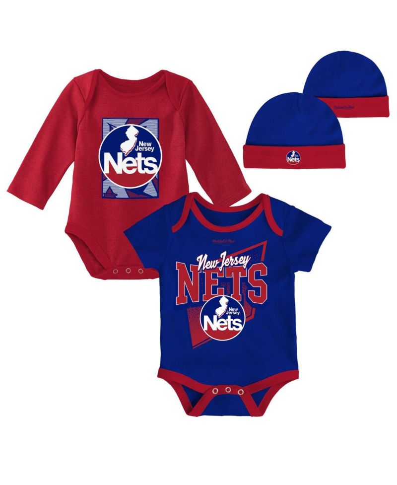 Infant Boys and Girls Blue, Red New Jersey Nets Hardwood Classics Bodysuits and Cuffed Knit Hat Set